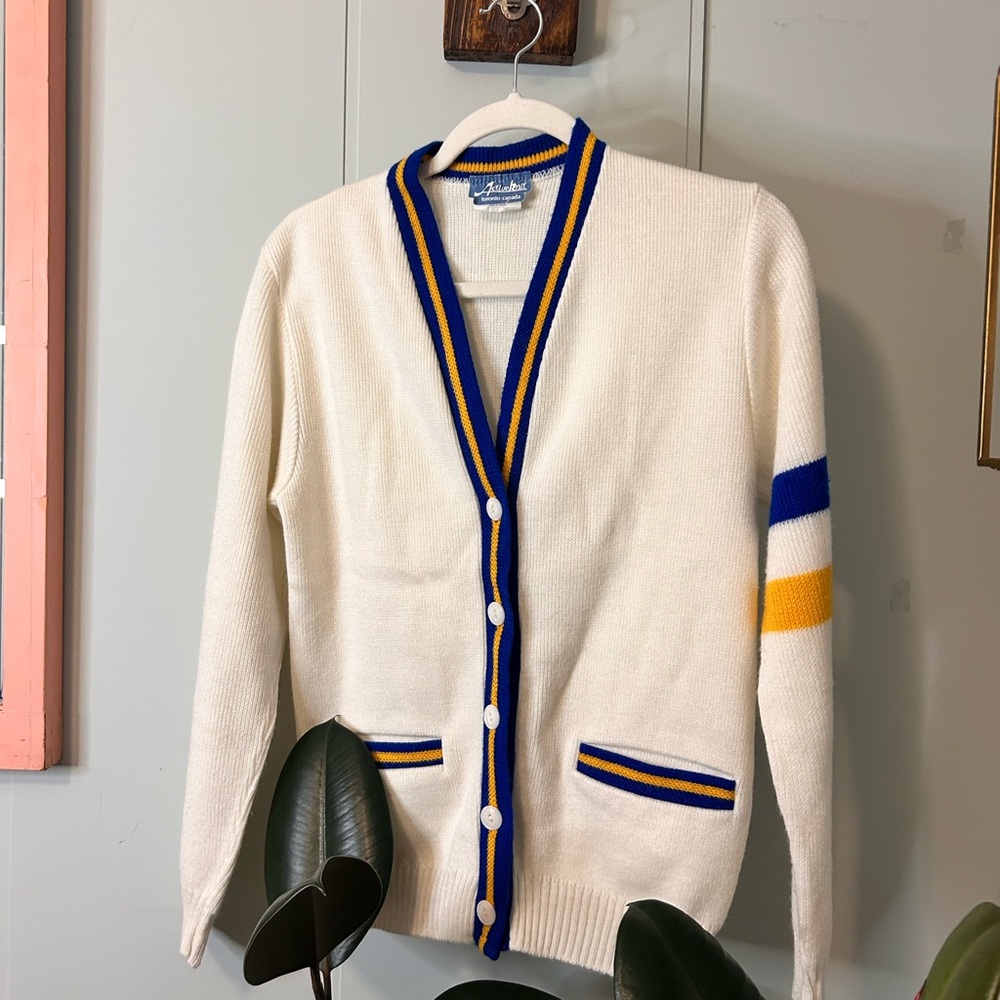 Active USA Knit Cardigan with Blue and Gold Accents